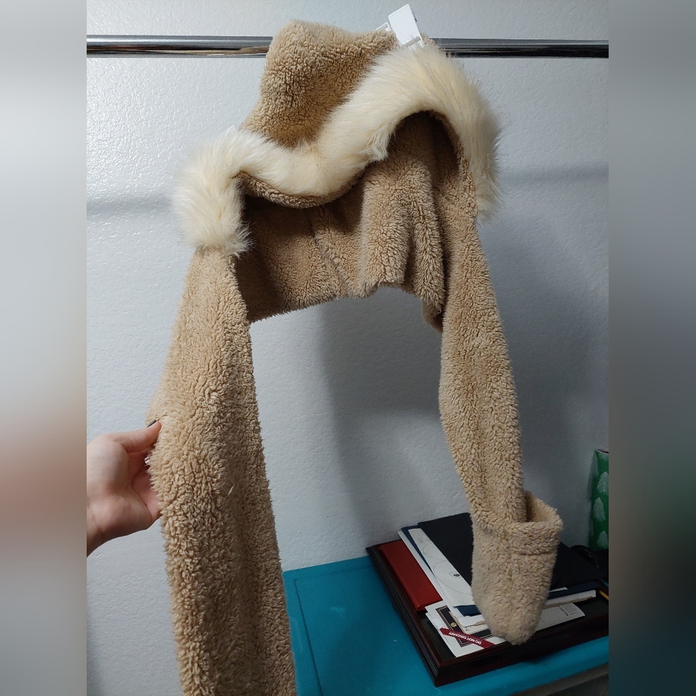 Beige Hood with Attatched Mittens and Scarf